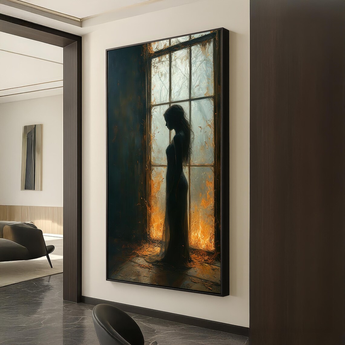 Woman Silhouette Tall Window Moody Dark Romantic Painting Poster