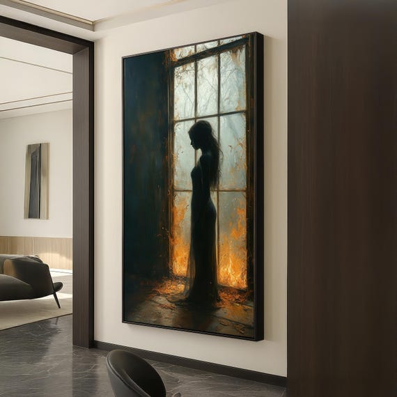 Mysterious Woman Silhouette Canvas Emotional Window Scene In Dark Romantic Mood Elegant Female Art For Moody Interior Wall Decor