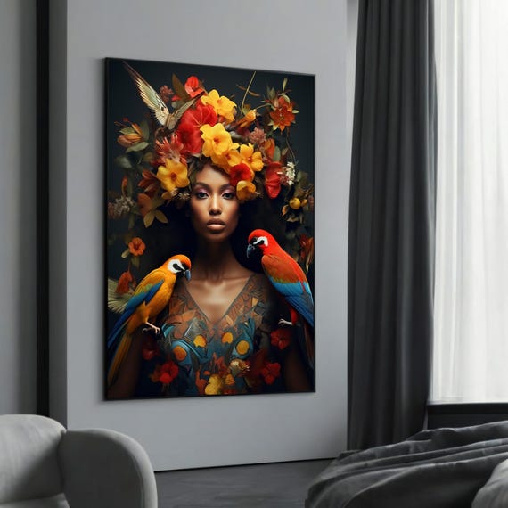 Vibrant Ethnic Woman With Parrots Canvas Painting Bold Floral Art Colorful Tropical Wall Decor Unique Home
