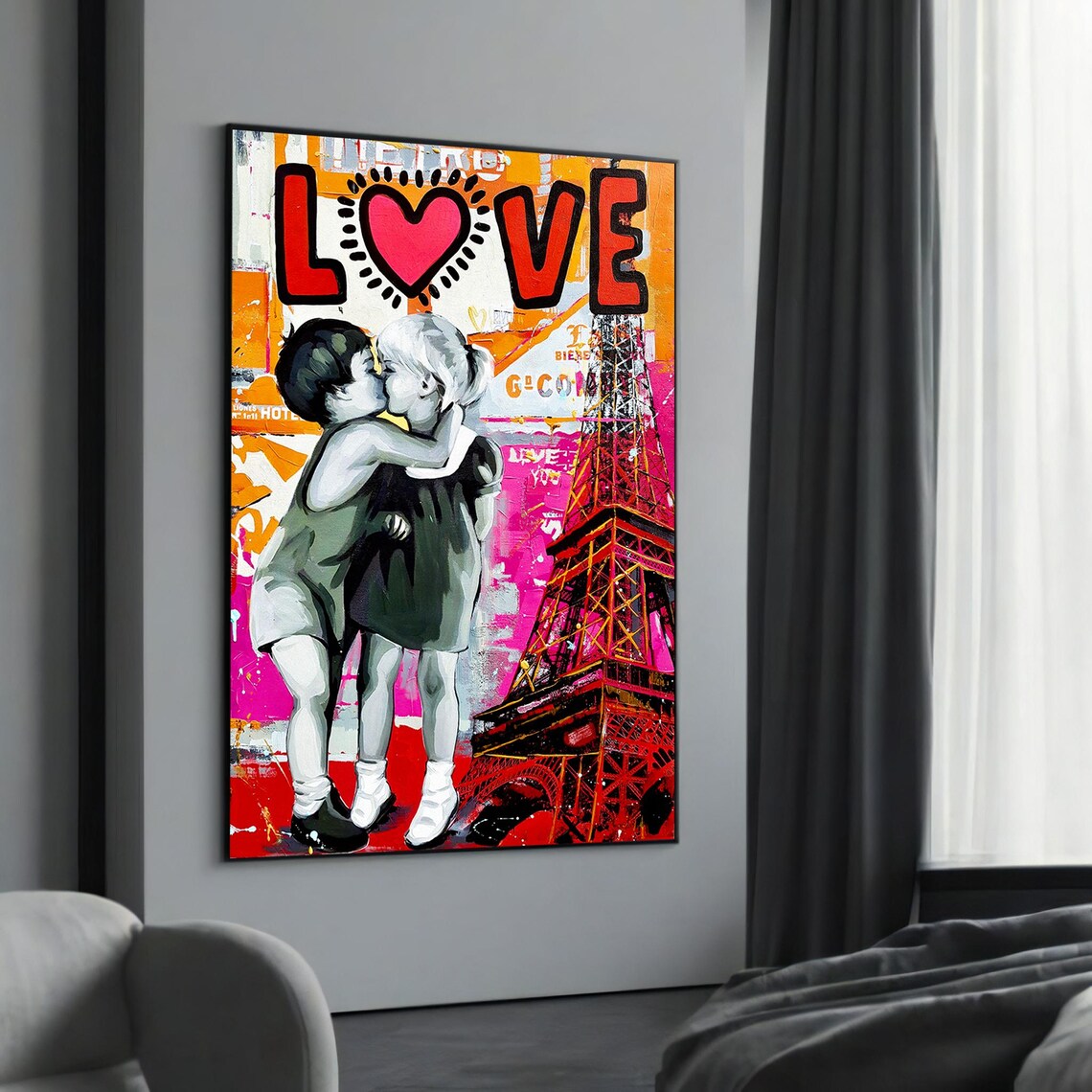 Parisian Kids Kiss Eiffel Tower Love Graffiti Romance Art Poster