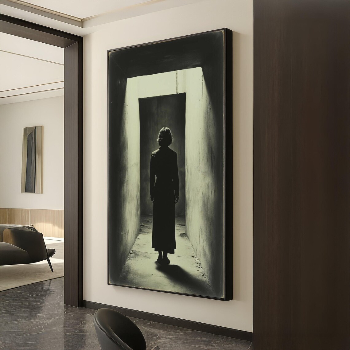 Mysterious Woman Silhouette Narrow Passageway Moody Art Poster