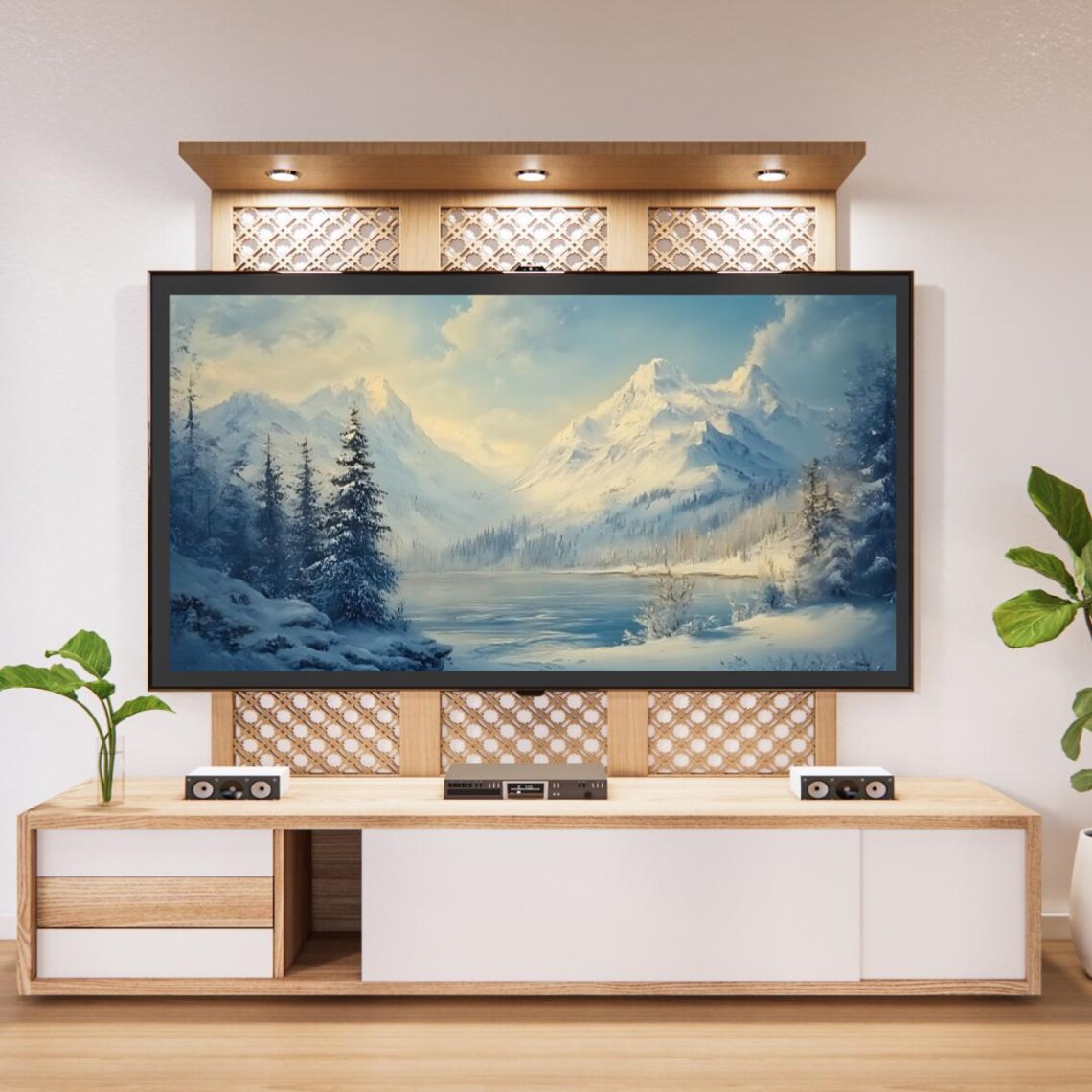 Winter Snowy Mountain Lake Pine Forest Blue Landscape Painting Poster - Image 4