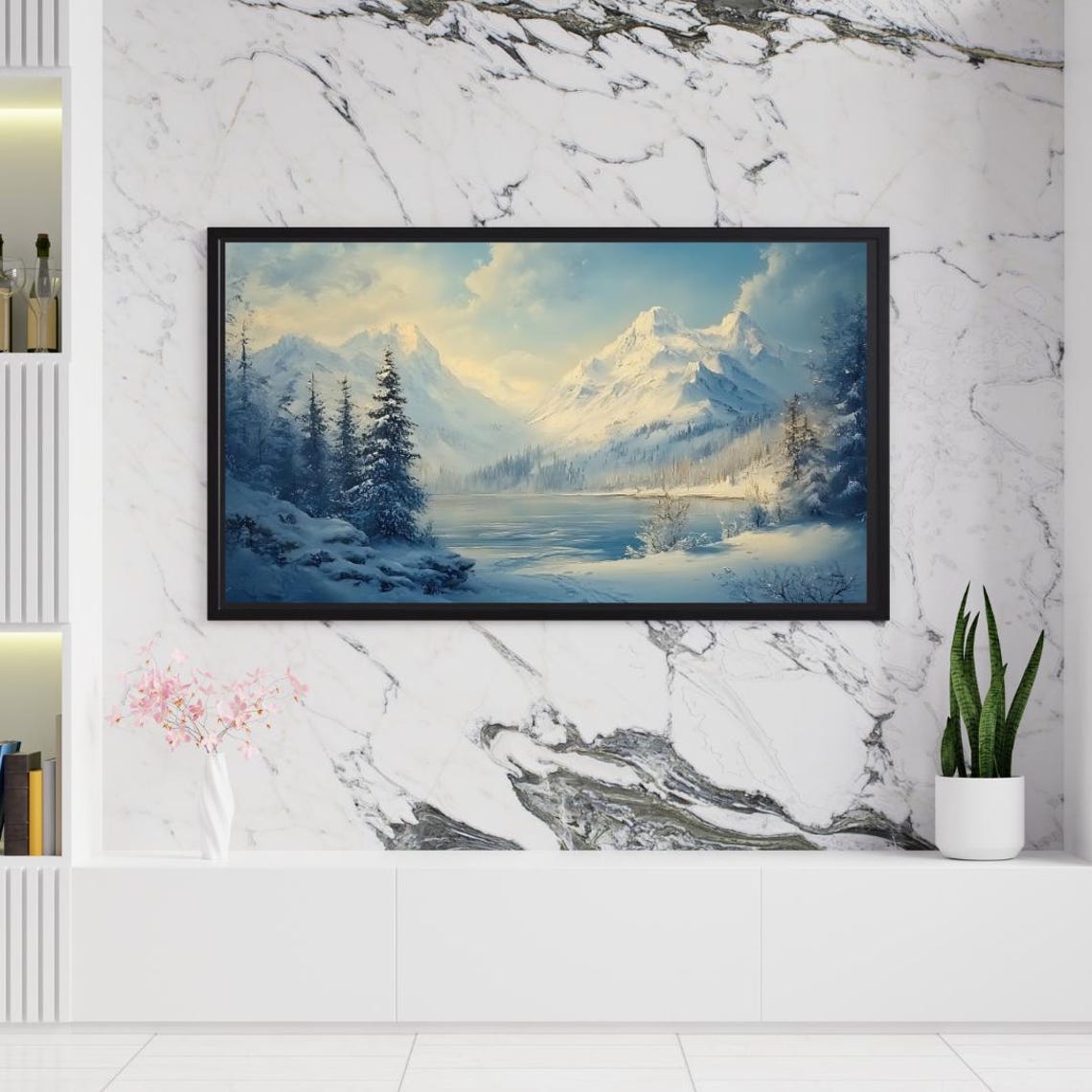 Winter Snowy Mountain Lake Pine Forest Blue Landscape Painting Poster - Image 5