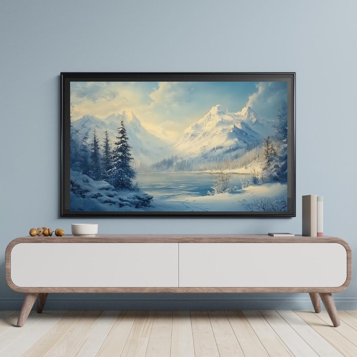 Winter Snowy Mountain Lake Pine Forest Blue Landscape Painting Poster - Image 2