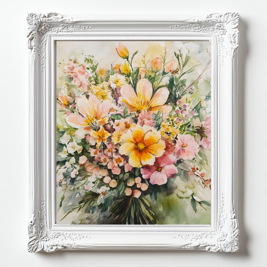 Watercolor Wildflower Bouquet Pink Yellow Loose Floral Painting Poster