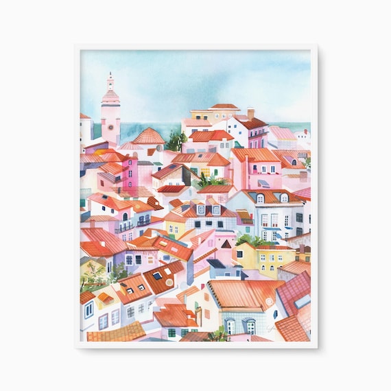 Lisbon Portugal Pink Rooftops Watercolor Cityscape Art Poster