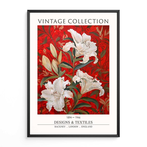 Vintage White Lilies Red Damask Floral Botanical Artwork Poster