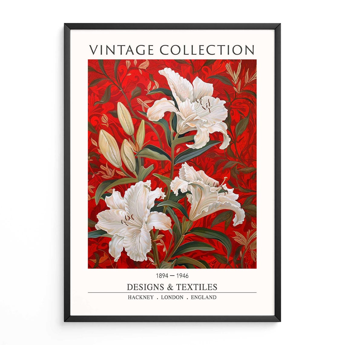Vintage Lily Floral Print William Morris Red Damask Botanical Art