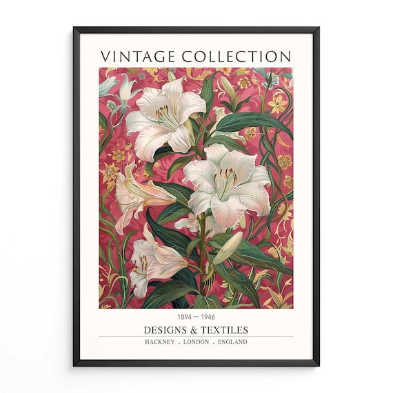 Vintage White Lily Floral Textile Design London Gallery Poster
