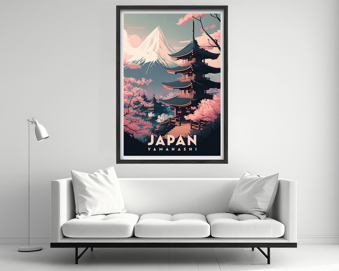 Japan Yamanashi Mt Fuji Vintage Travel Poster Pagoda Blossom - Image 2