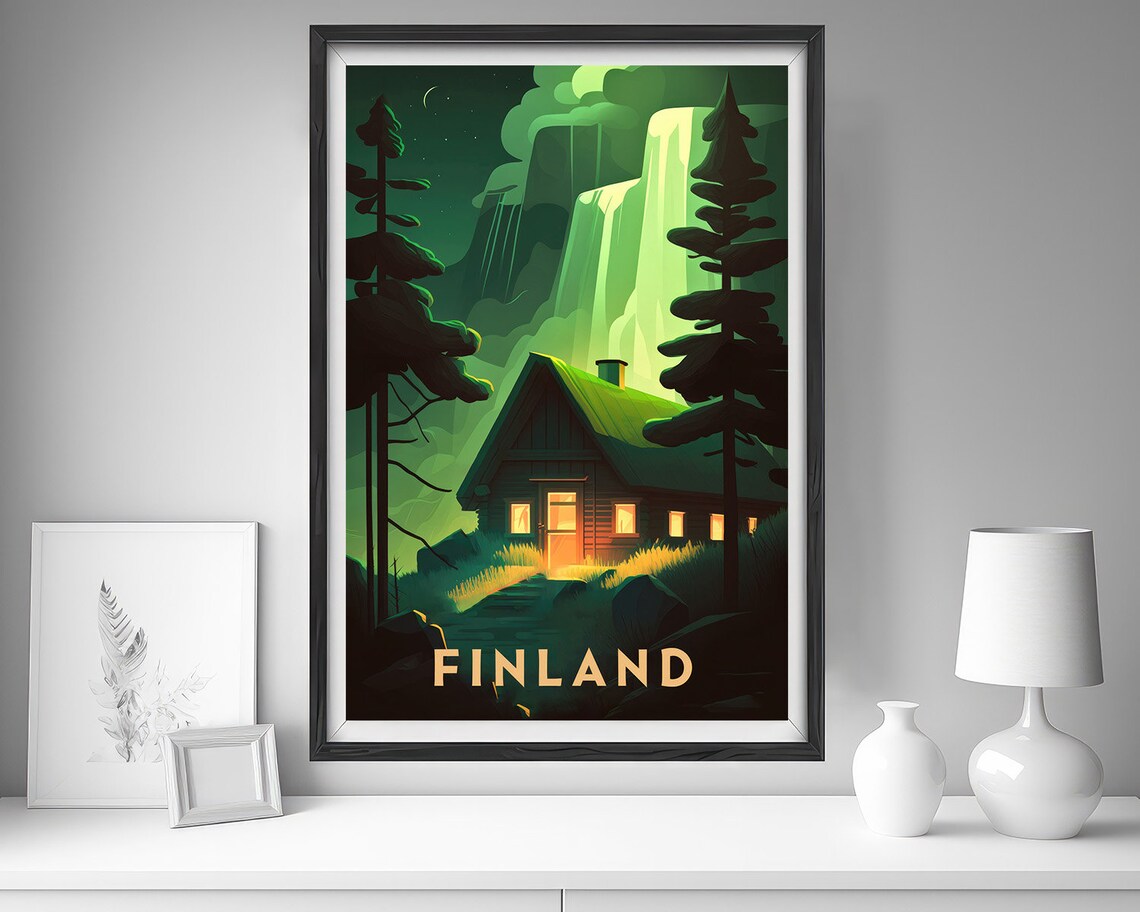 Finland Night Cabin Under Northern Lights Vintage Travel Poster - Image 4