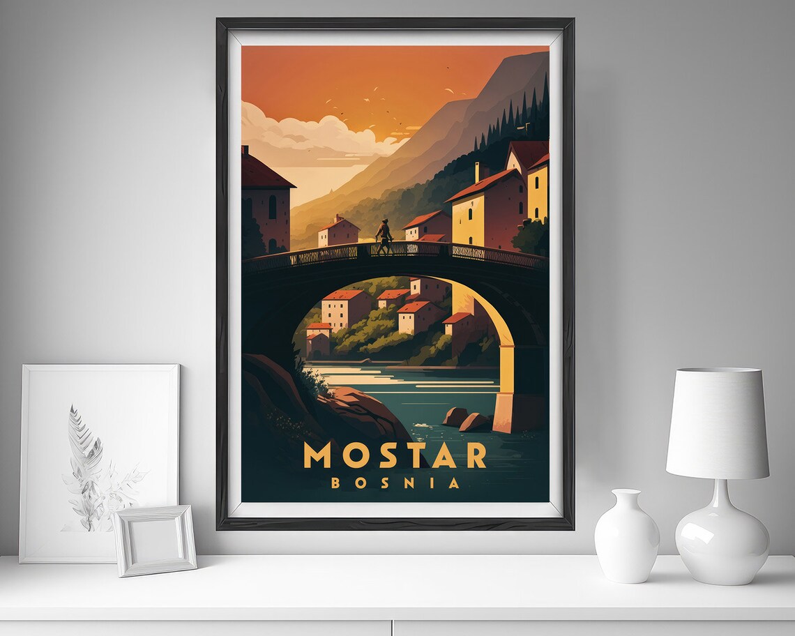 Mostar Bosnia Stari Most Old Bridge Sunset Vintage Travel Poster - Image 4