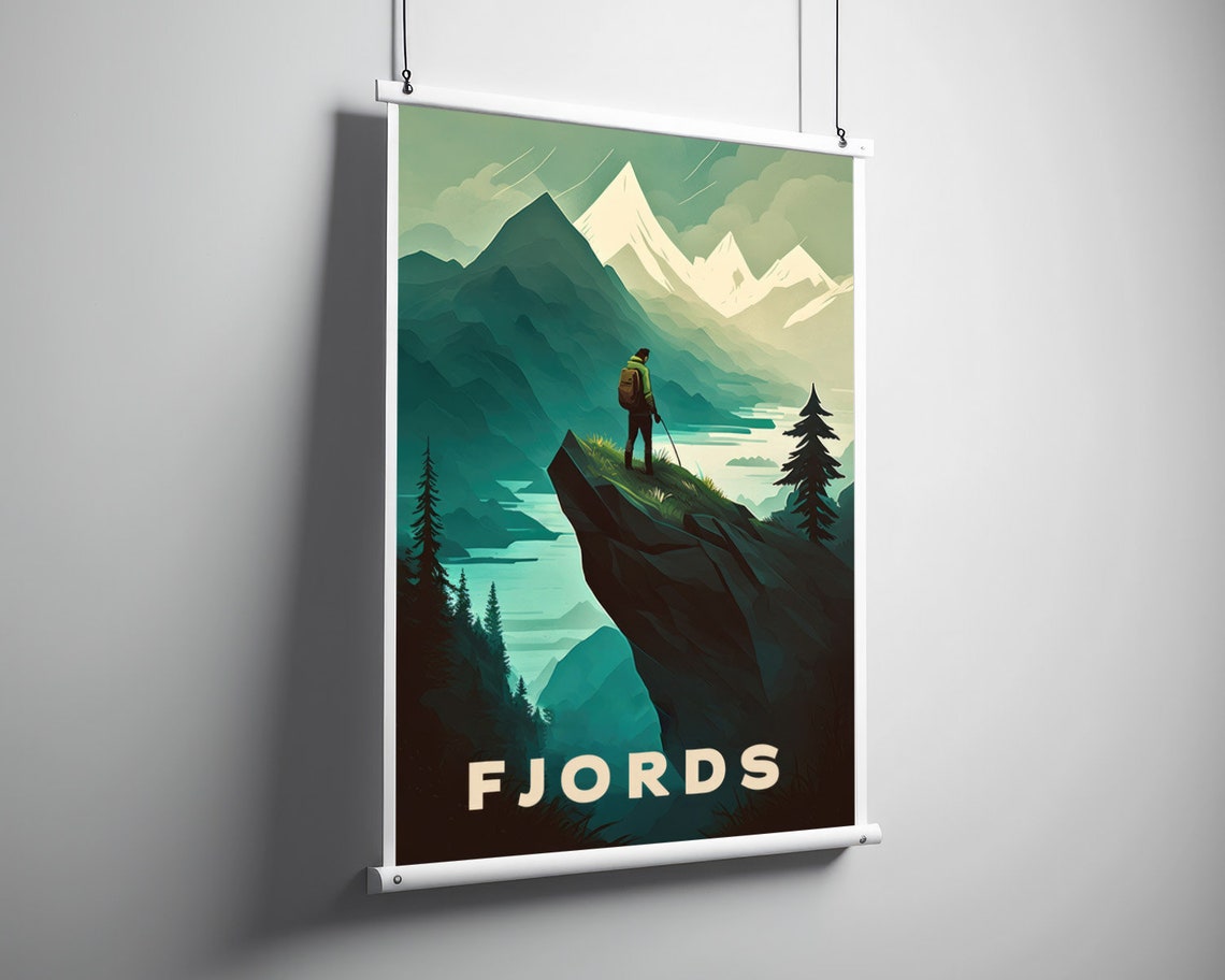 Fjords Hiker Cliff View Snowy Mountain Landscape Vintage Travel Poster - Image 3