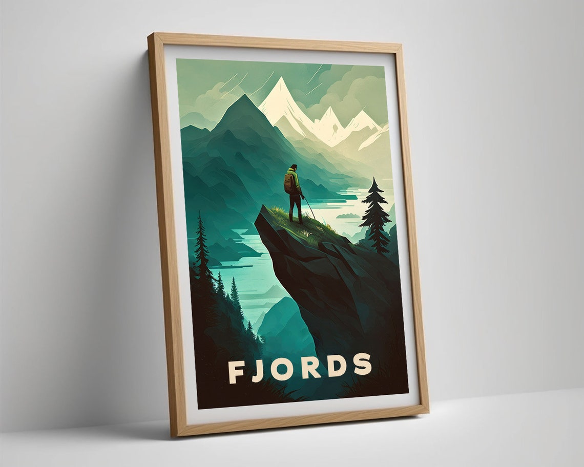 Fjords Hiker Cliff View Snowy Mountain Landscape Vintage Travel Poster - Image 5