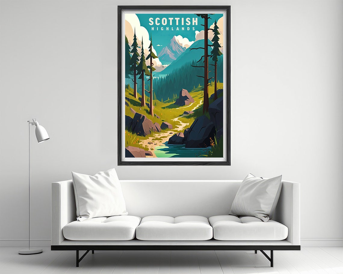 Scottish Highlands Pine Forest Mountain Stream Travel Poster - Image 2