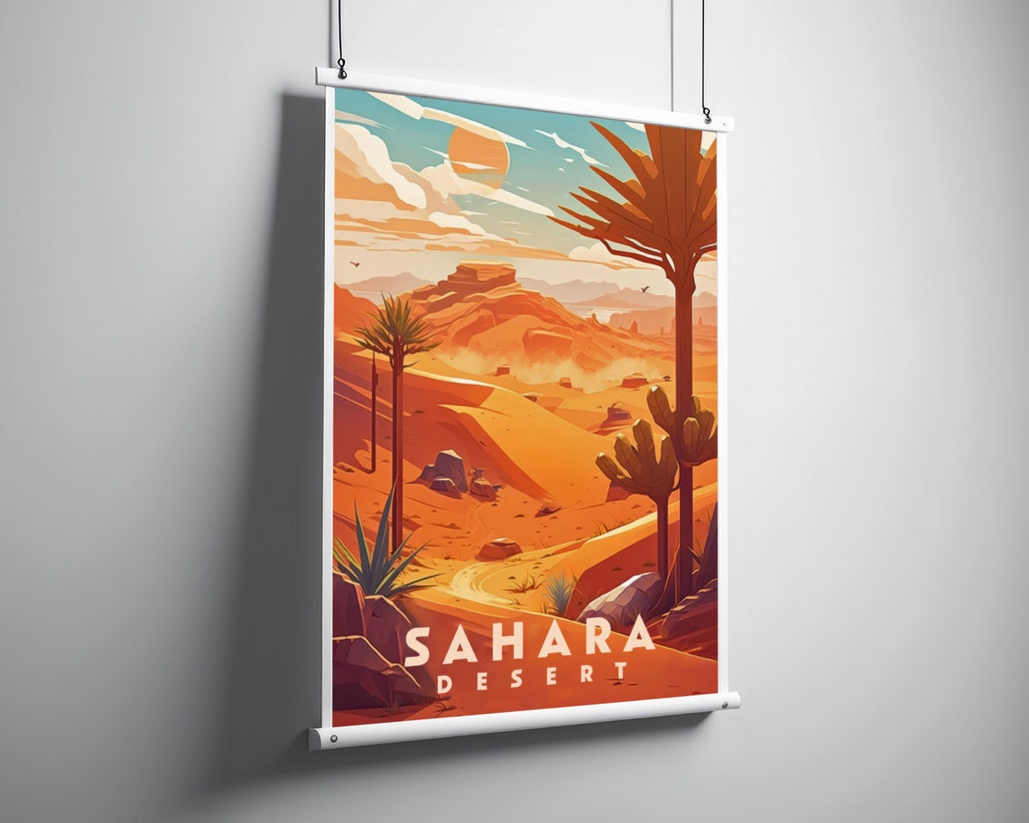 Sahara Desert Dunes Golden Oasis Palms Sunset Vintage Travel Poster - Image 3
