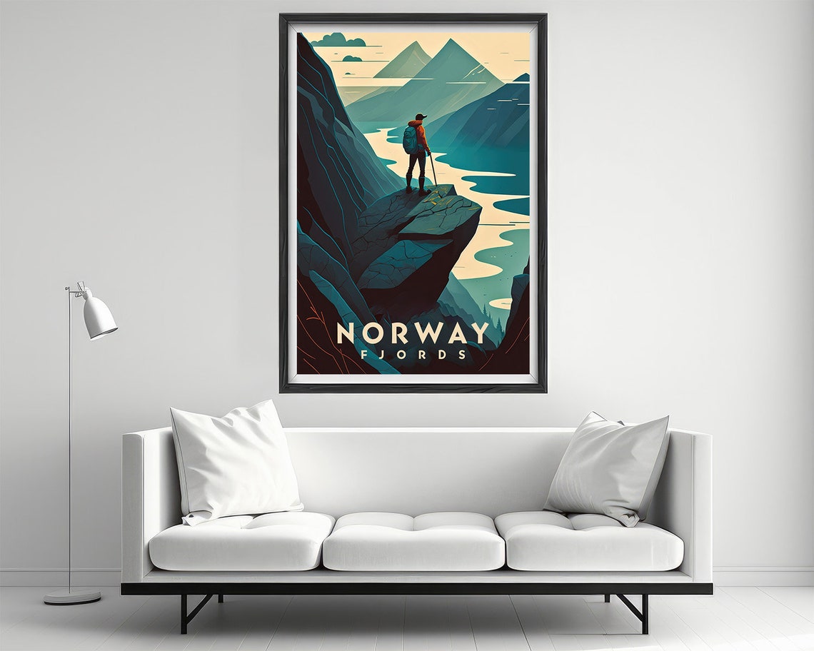 Norway Fjords Hiker Cliff Overlook Teal Retro Travel Art Poster - Image 2