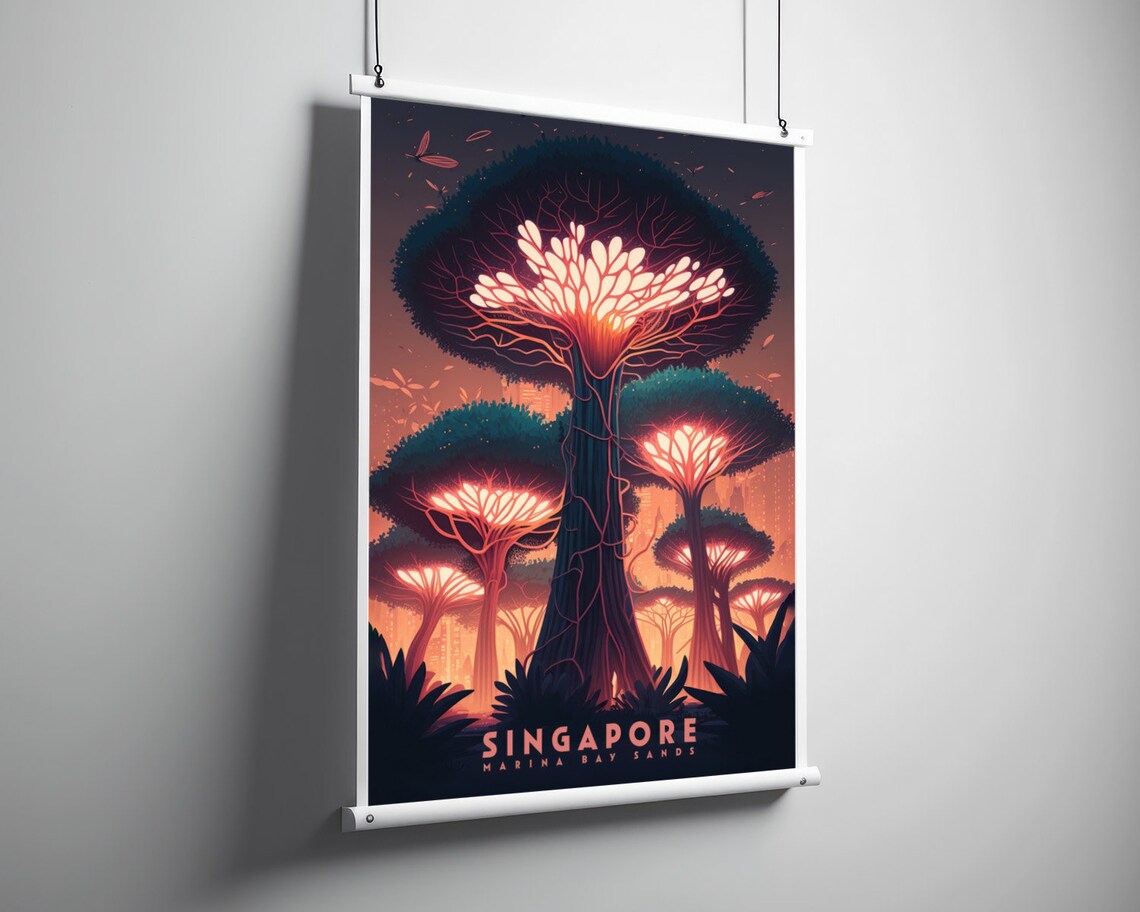 Singapore Supertrees Vintage Travel Poster Glowing Garden Night - Image 3