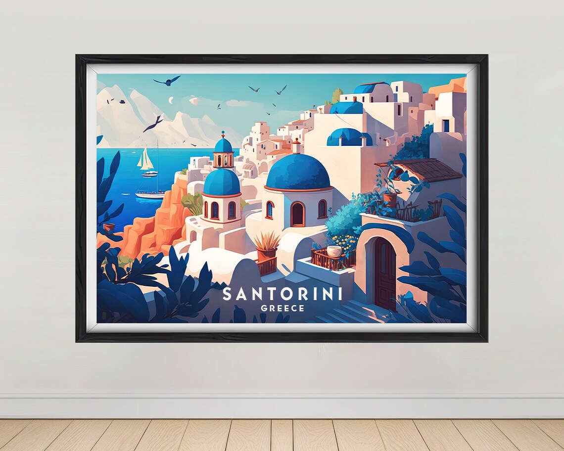 Santorini Greece Blue Dome Island Houses Aegean Coast Travel Poster