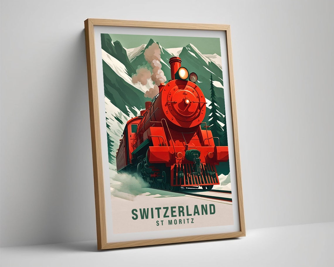 Switzerland St Moritz Red Steam Train Alpine Railway Poster Art - Image 5
