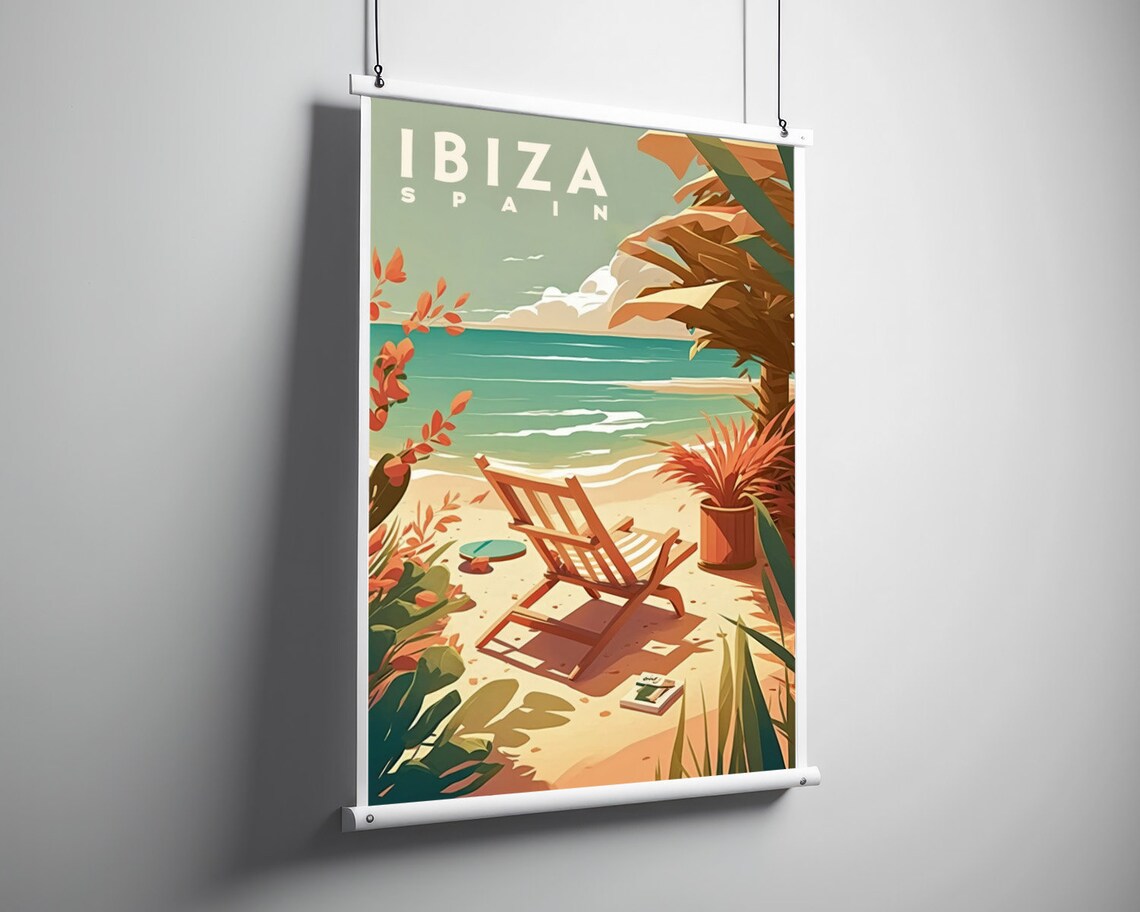 Ibiza Spain Beach Chair Turquoise Sea Palms Retro Travel Poster - Image 3