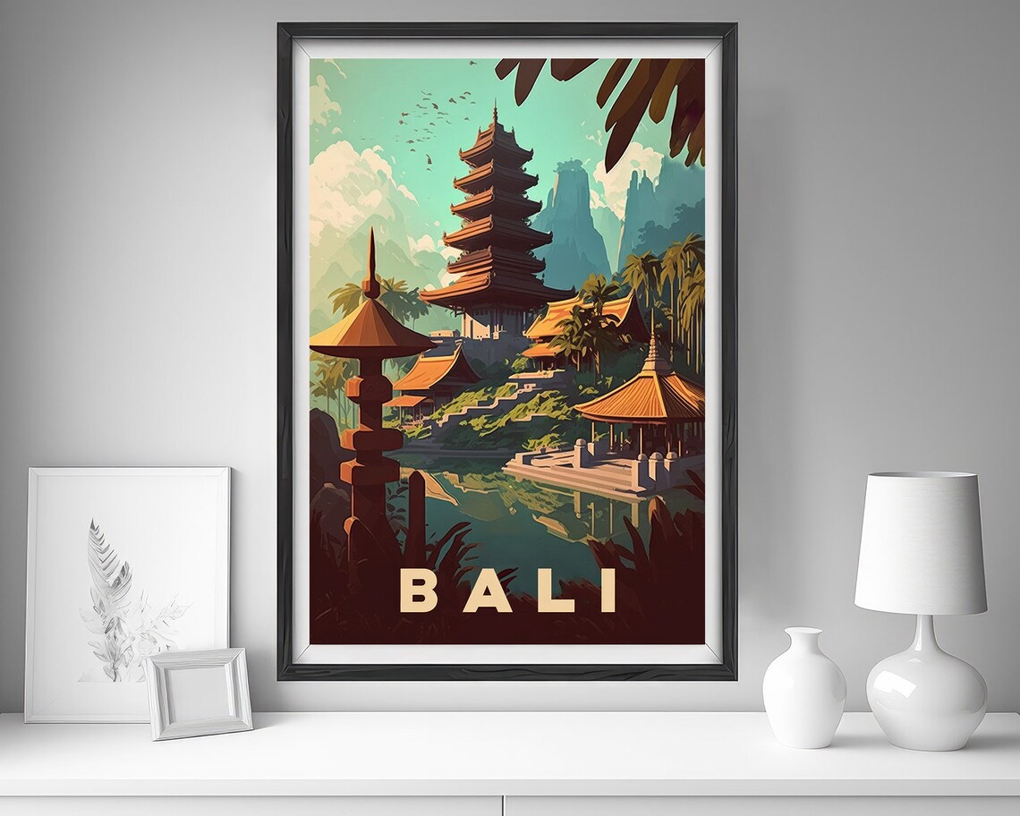 Bali Indonesia Vintage Travel Poster Lake Temple Pagoda Scene - Image 4
