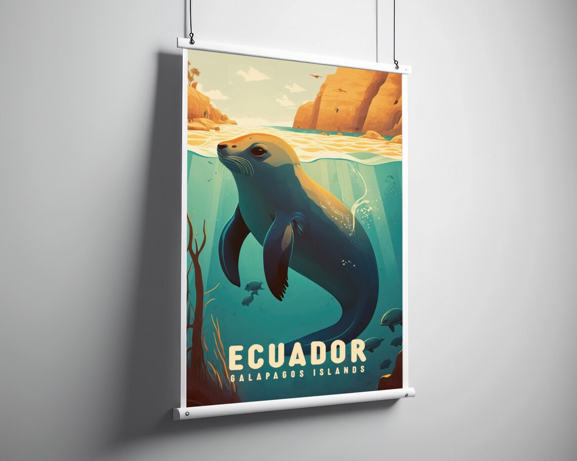 Ecuador Galapagos Sea Lion Underwater Scene Vintage Travel Poster - Image 3