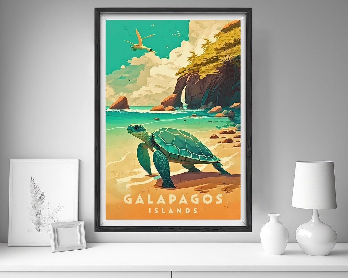 Galapagos Islands Sea Turtle Sandy Beach Sunset Vintage Travel Poster - Image 4