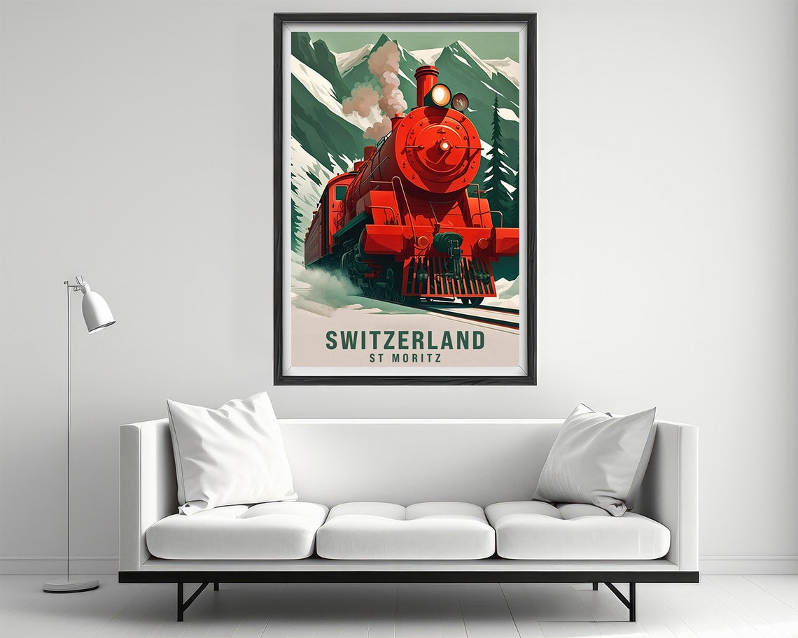 Switzerland St Moritz Red Steam Train Alpine Railway Poster Art - Image 2