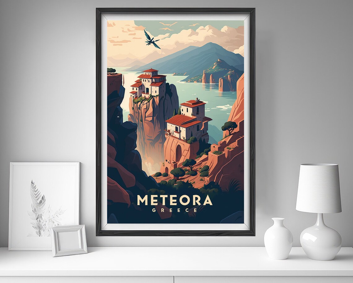Meteora Greece Cliff Monasteries Vintage Travel Style Poster - Image 4