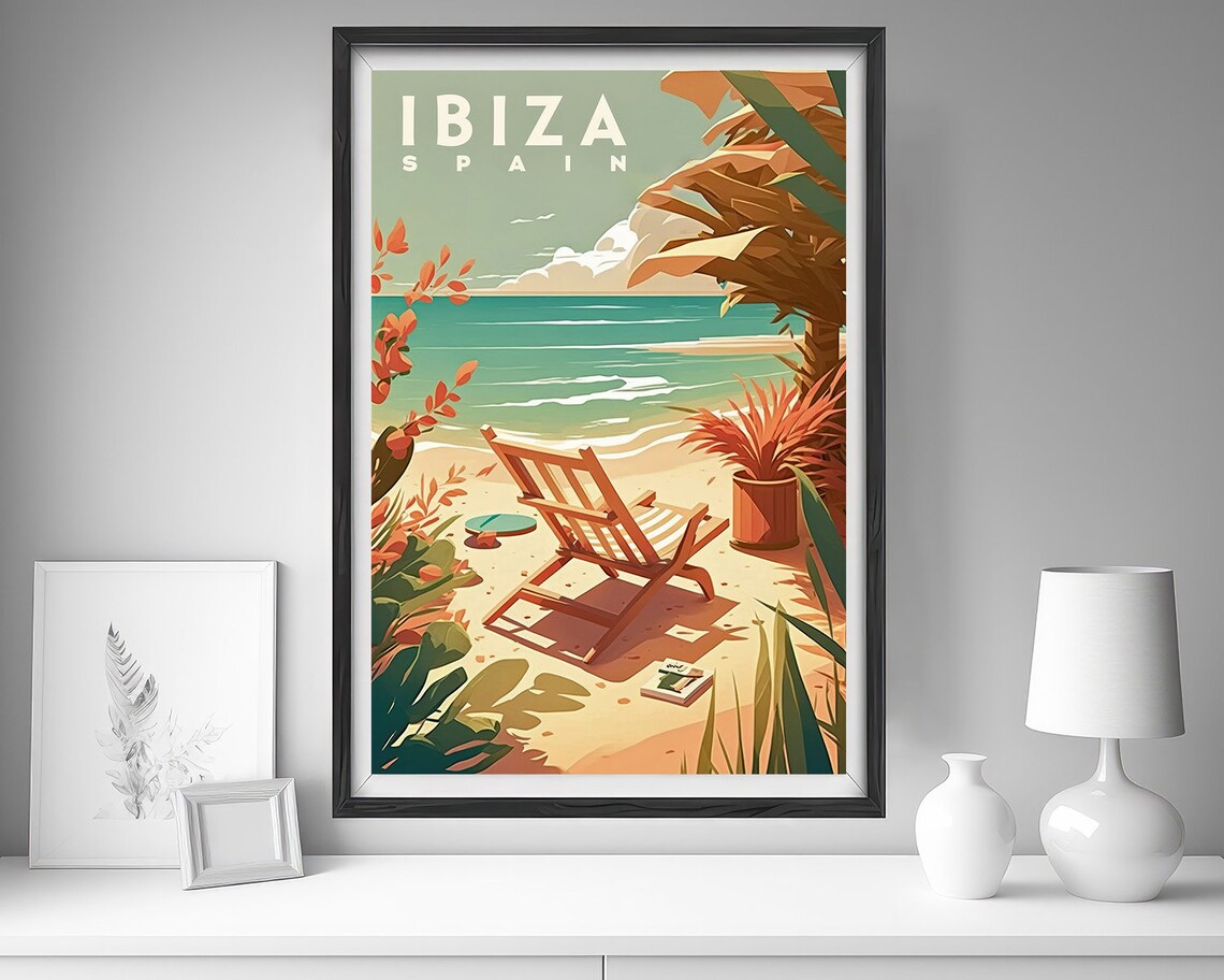 Ibiza Spain Beach Chair Turquoise Sea Palms Retro Travel Poster - Image 4