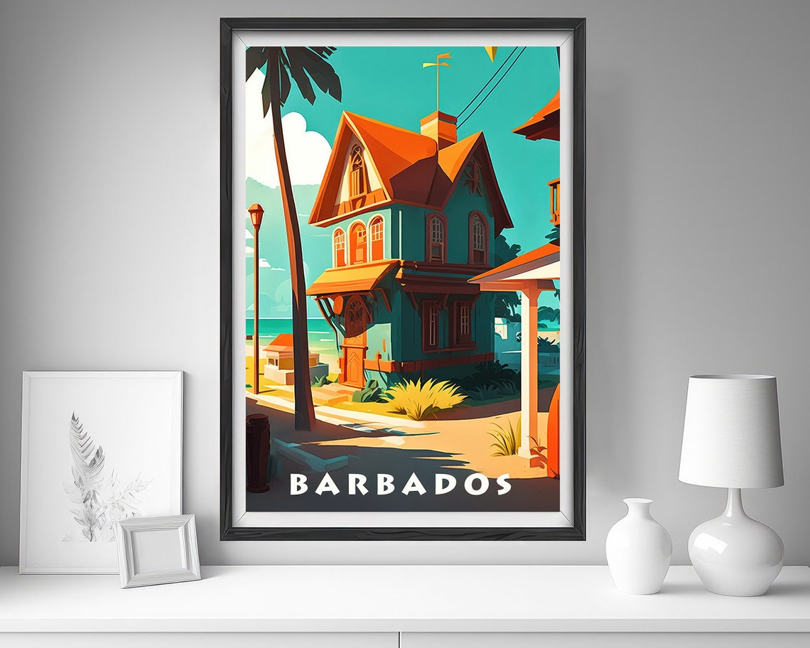 Barbados Beach Chattel House Palm Tree Caribbean Travel Poster - Image 4
