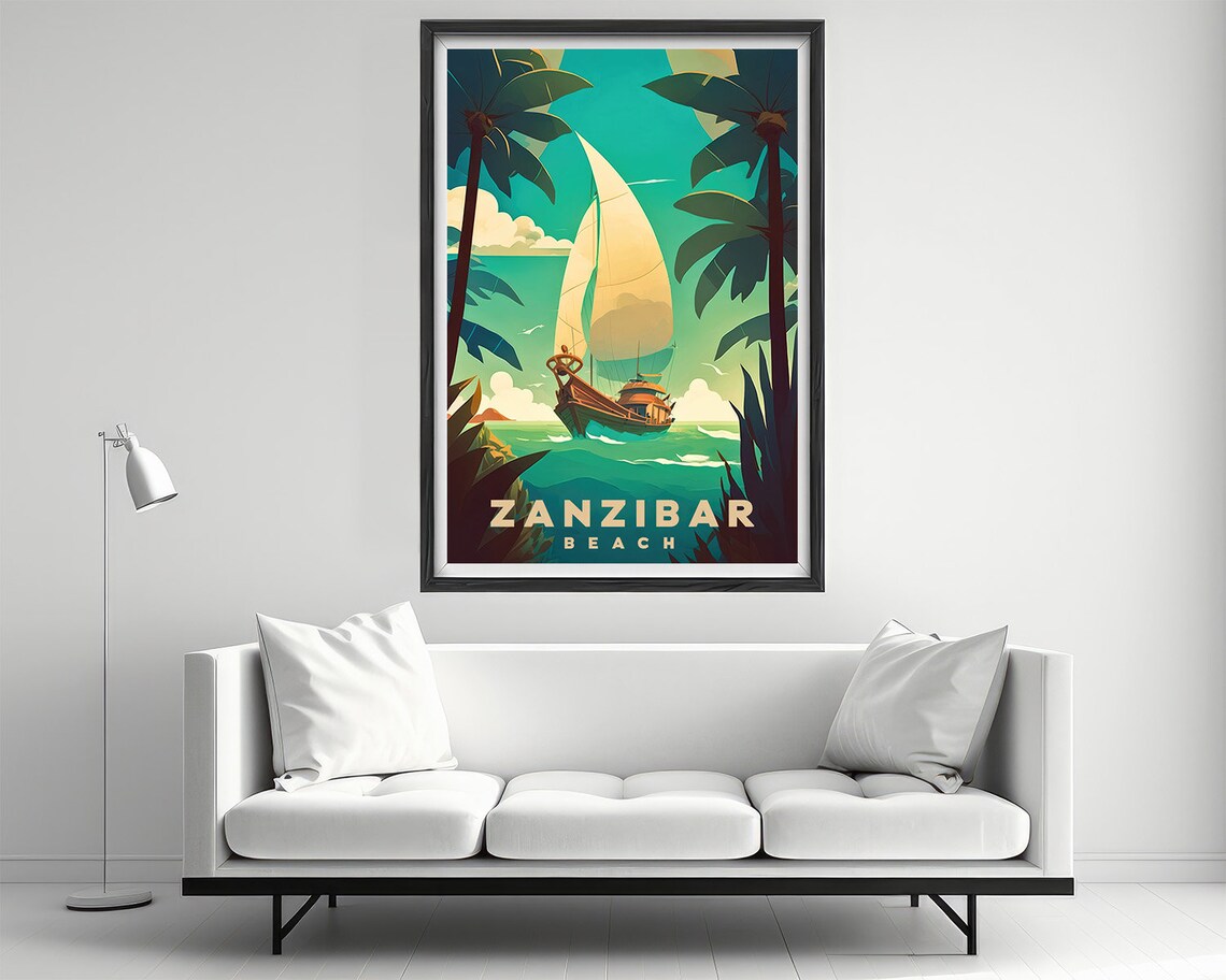 Zanzibar Beach Vintage Travel Poster Sailboat Palm Sunset Art - Image 2