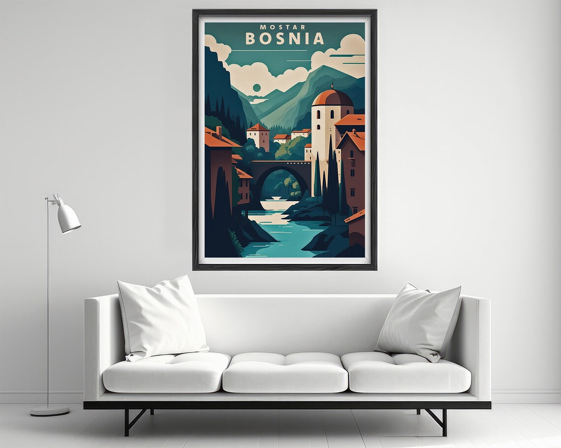 Mostar Bosnia Stari Most Bridge River Mountains Travel Poster - Image 2