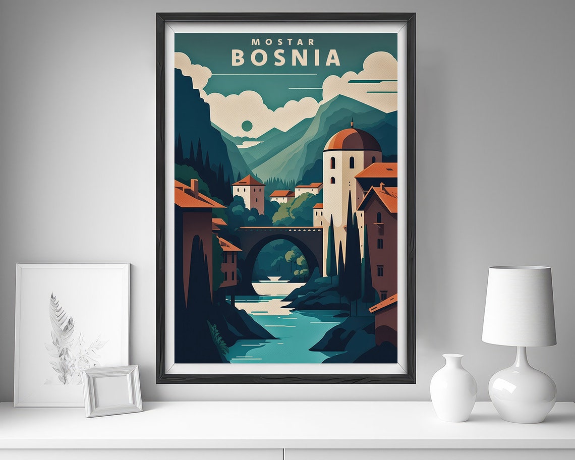 Mostar Bosnia Stari Most Bridge River Mountains Travel Poster - Image 4