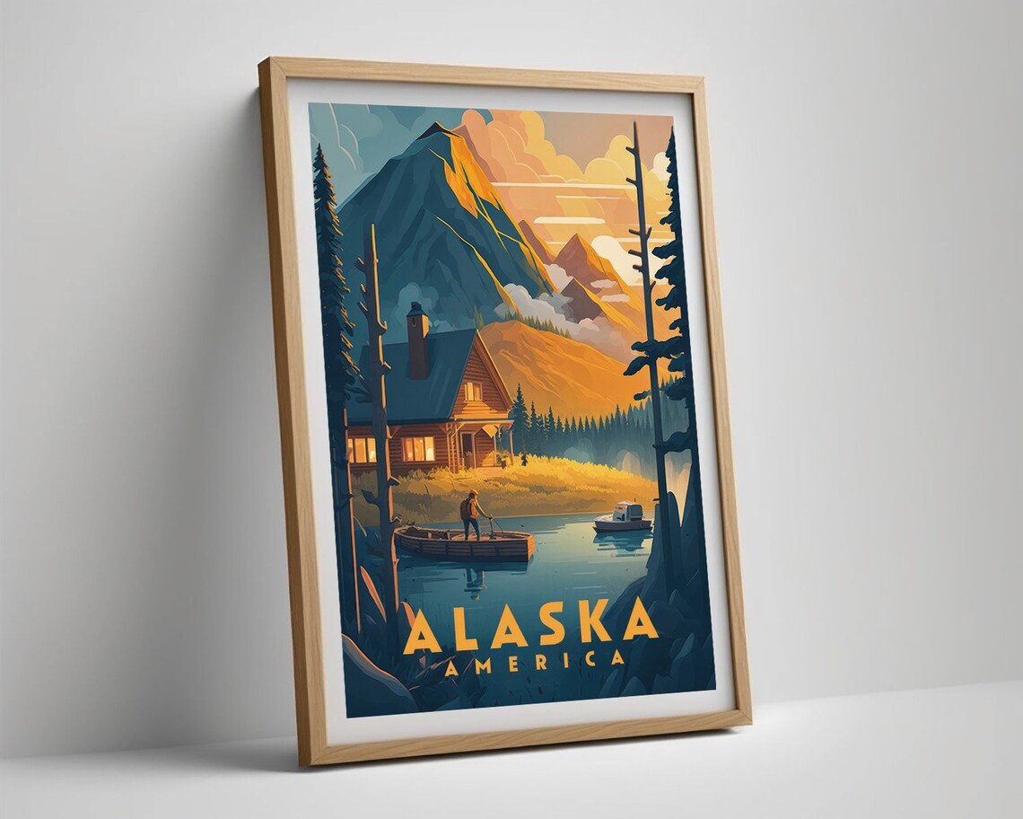 Alaska Wilderness Cabin Lake Mountain Sunset Vintage Travel Poster - Image 5