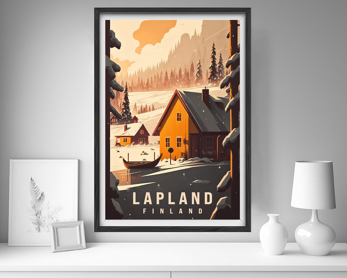 Lapland Finland Snowy Cabin Frozen Lake Vintage Winter Travel Poster - Image 4