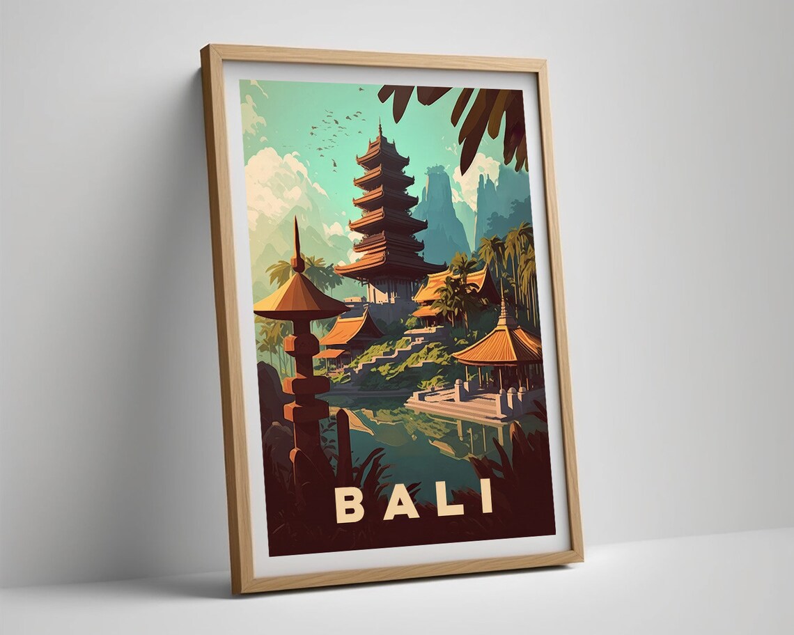 Bali Indonesia Vintage Travel Poster Lake Temple Pagoda Scene - Image 5