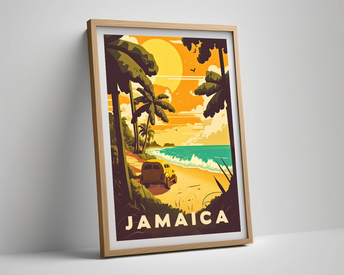 Jamaica Caribbean Beach Palm Sunset Vintage Car Travel Poster - Image 5