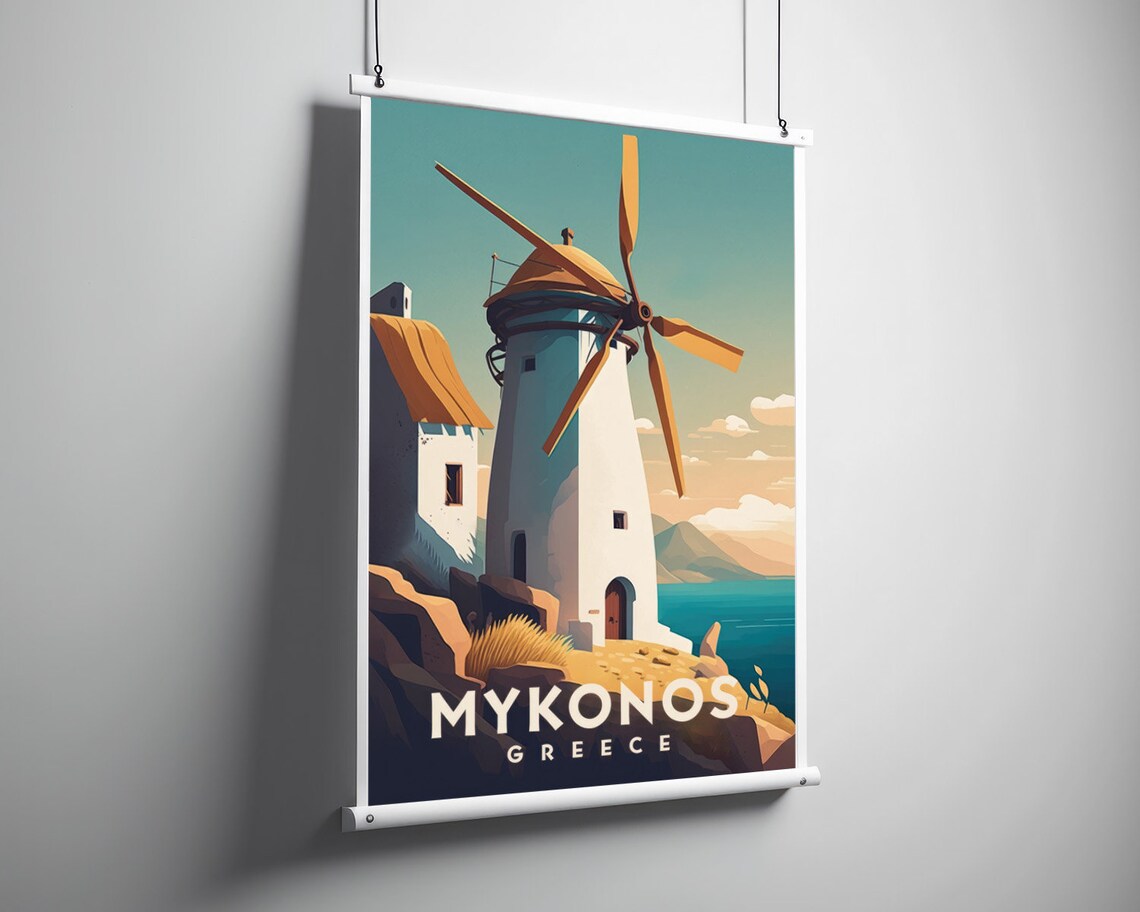 Mykonos Greece Windmill Seaside Sunset Aegean Island Travel Poster - Image 3