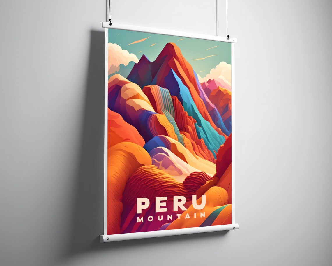 Peru Rainbow Mountain Colorful Geometric Peaks Retro Travel Poster - Image 3
