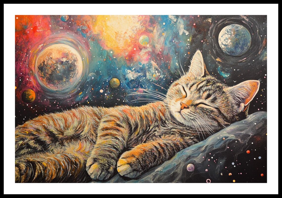 Sleeping Tabby Cat Dreaming in Cosmic Space Planets Whimsical Fantasy Poster