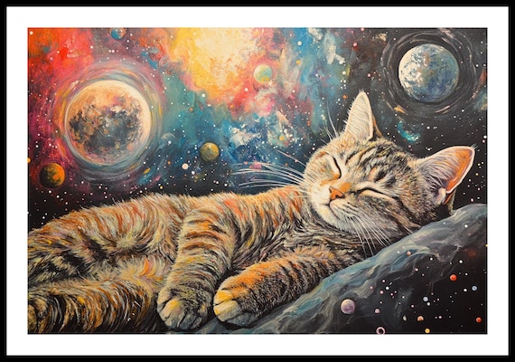 Sleeping Tabby Cat Dreaming in Cosmic Space Planets Whimsical Fantasy Poster
