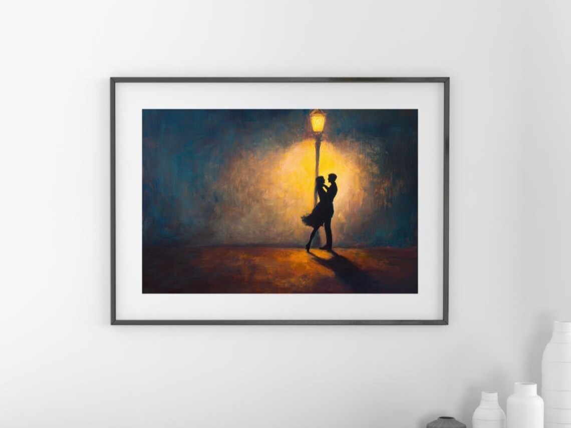 Romantic Couple Kiss Under a Streetlight Intimate Night Silhouette Art Poster - Image 3