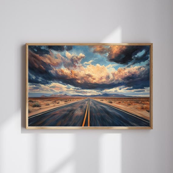 Endless Horizon Oil Painting Of A Desert Highway Moody Sky Landscape Vintage Americana Road Trip Art Print