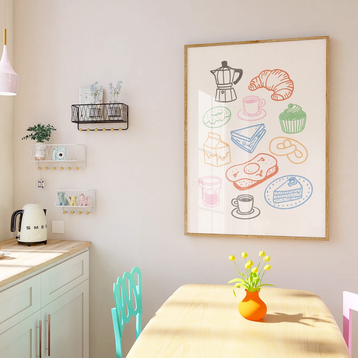 Breakfast Brunch Doodle Croissant Coffee Cute Kitchen Wall Decor Print