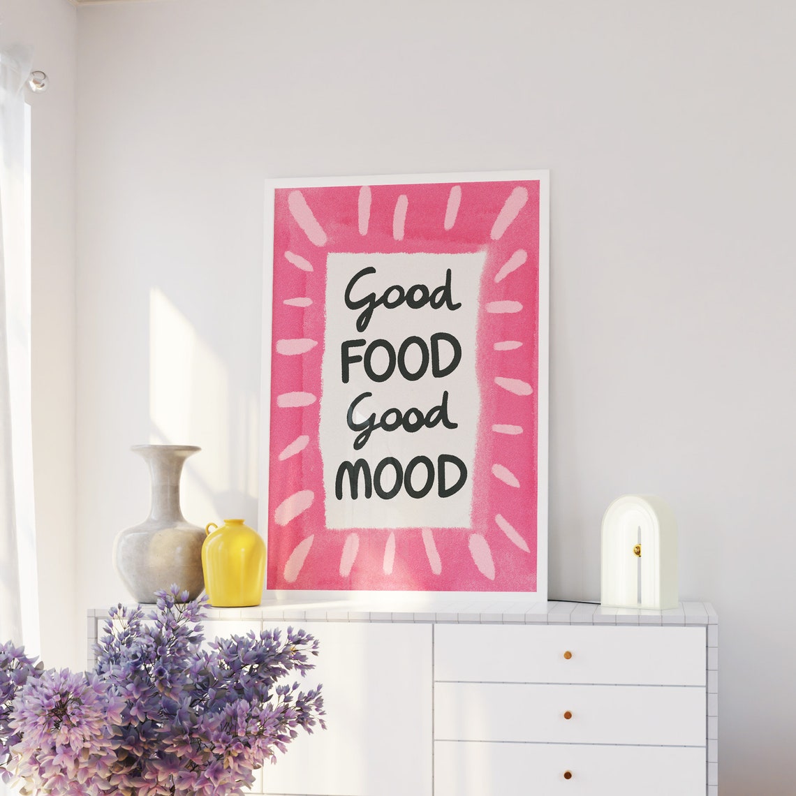 Cheerful Pink Good Food Good Mood Sunburst Kitchen Quote Poster