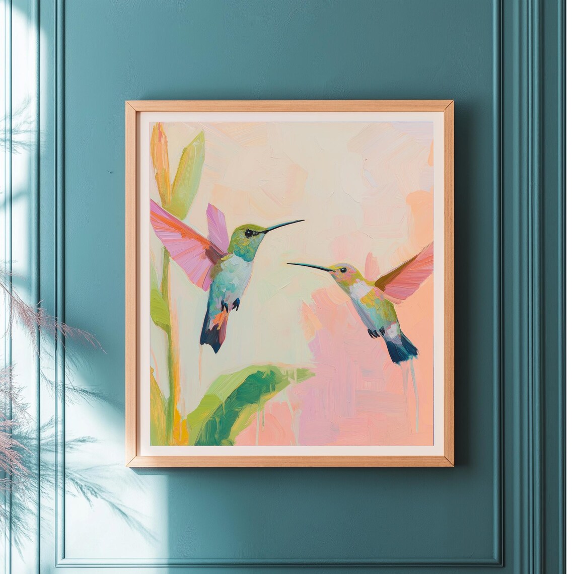 Pair Of Hummingbirds In Flight Soft Pastel Nature Scene Wall Art