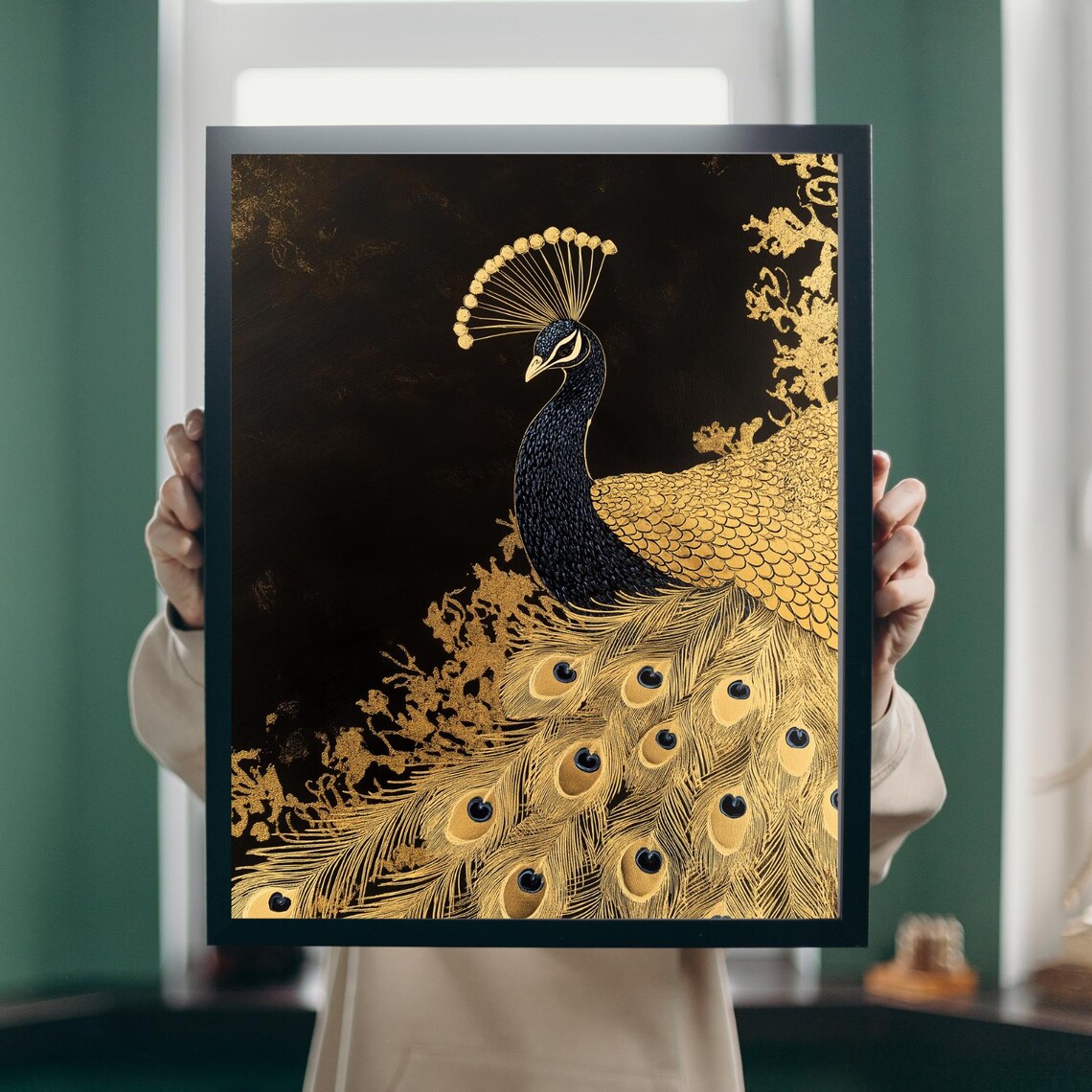 Black and Gold Peacock Regal Feather Tail Luxurious Bird Art Poster