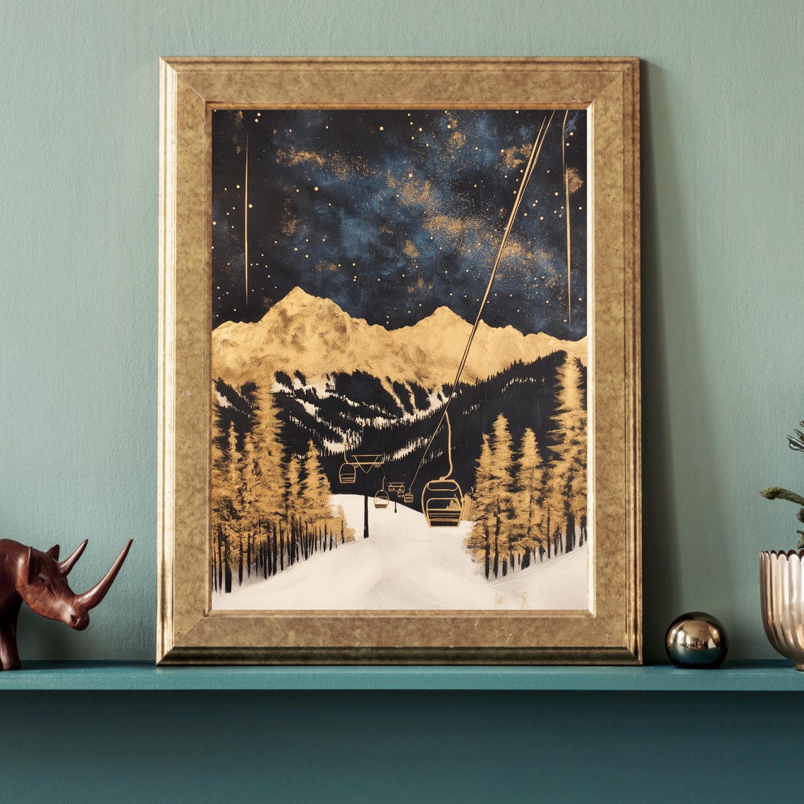 Gold Night Ski Gondola Snowy Slope Golden Mountains Art Poster